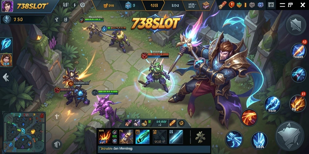 Screenshot gameplay 738SLOT yang menampilkan aksi seru dalam pertempuran MOBA.
