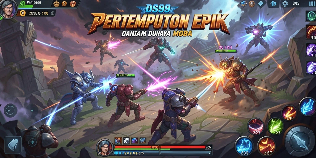 Screenshot DS99 menampilkan aksi pertempuran MOBA yang intens.