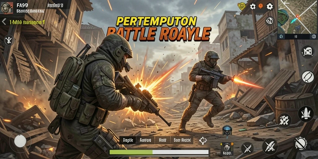 Tangkapan layar utama FA99 menunjukkan aksi intens dalam permainan Battle Royale.