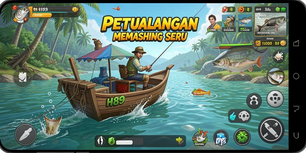 Screenshot gameplay H89 menampilkan momen seru saat menangkap ikan di danau.