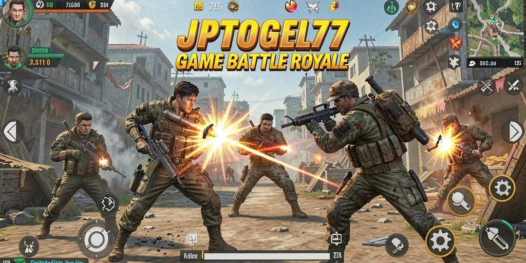 Screenshot gameplay JPTOGEL77 menunjukkan pertempuran seru dalam arena Battle Royale.