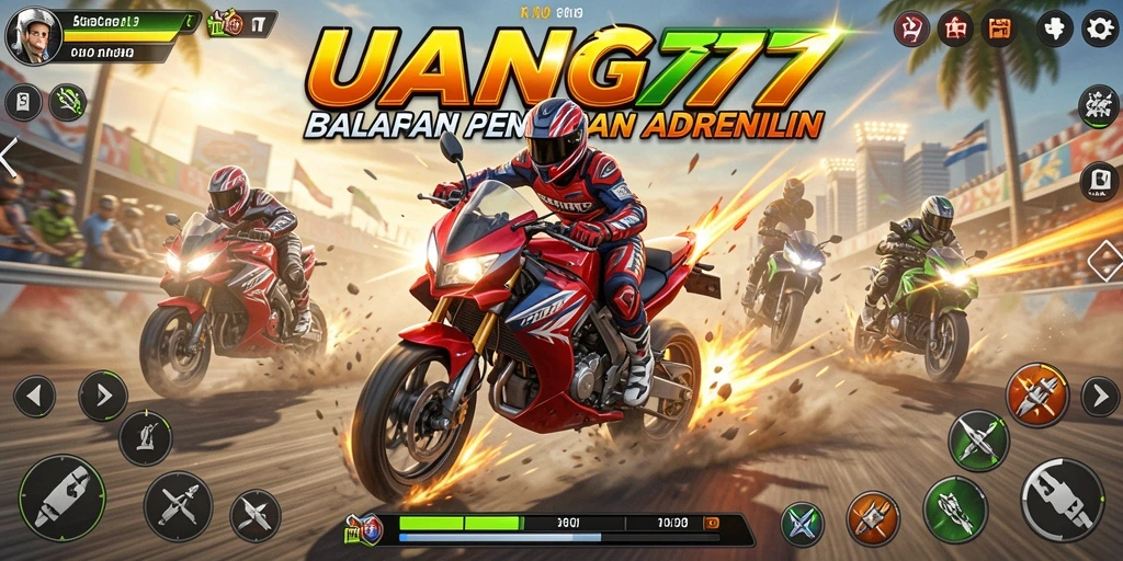 Tangkapan layar gameplay UANG77 yang mendebarkan saat balapan motor.